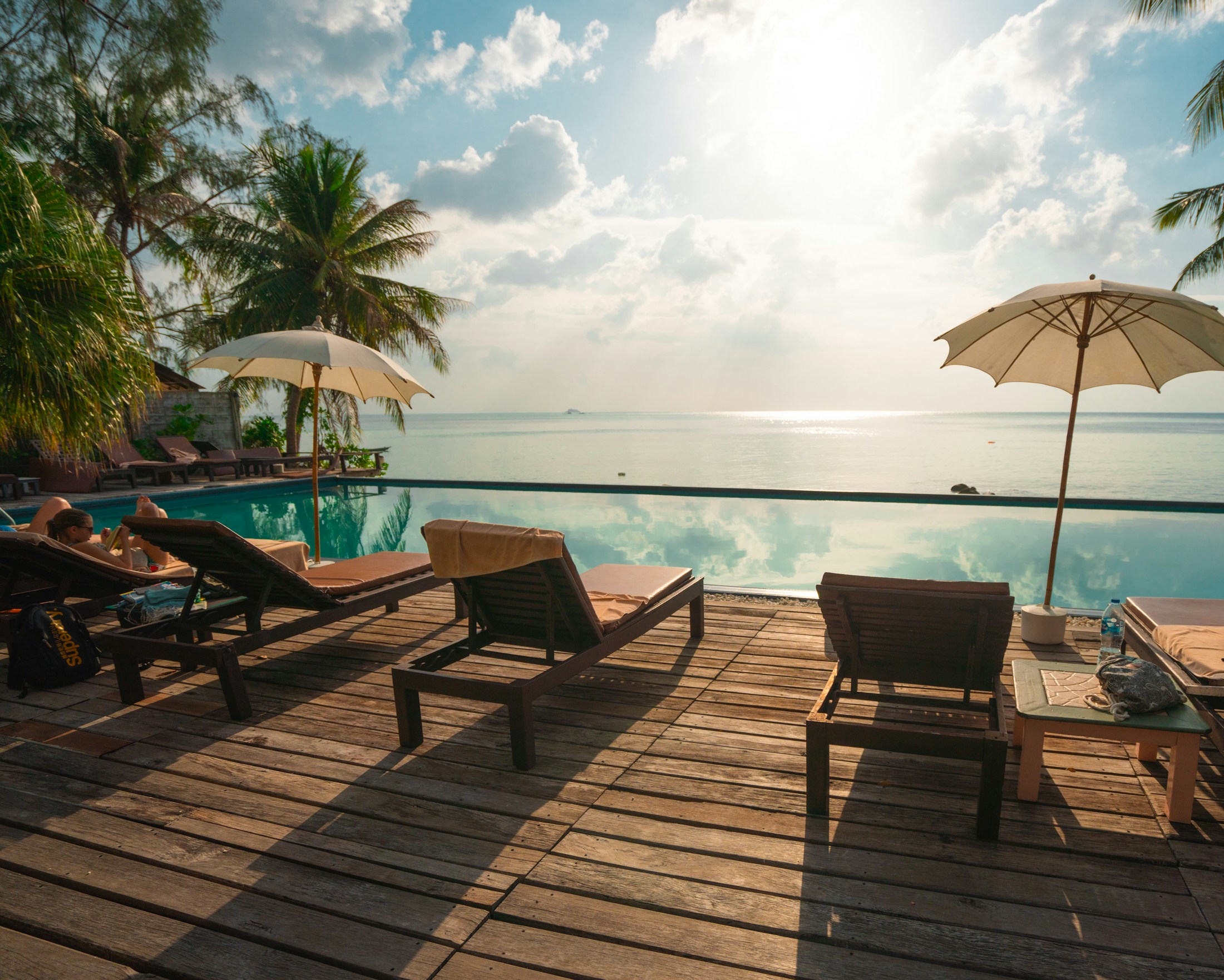 Contemporary coastal resort terraces overlooking the sea